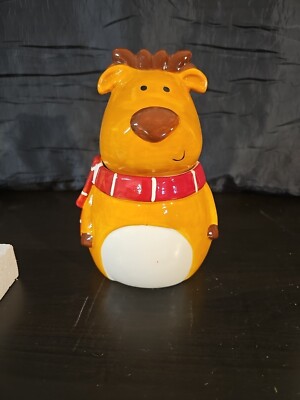 David s Cookies 9.5  Reindeer Christmas Cookie Jar, Red White Scarf, Ceramic