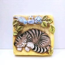 Stone Bunny Telle M Stein Sleeping Kitty  Blue Birds 0390 Wall Plaque 2003 8" 