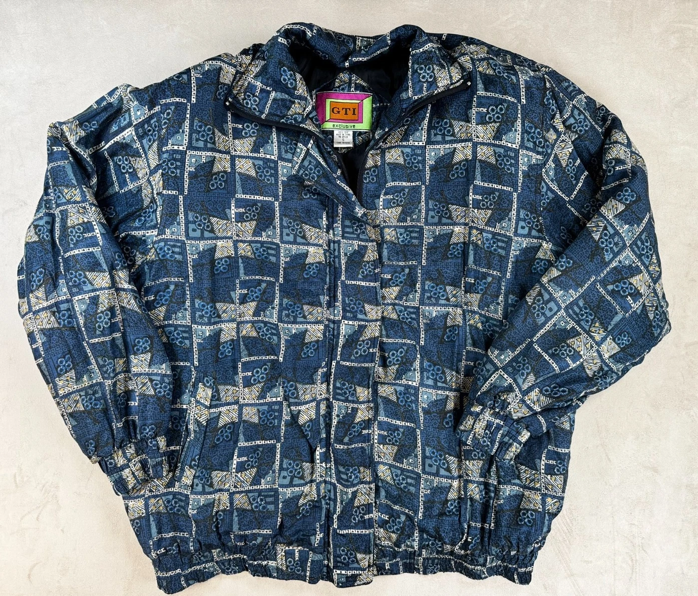 VTG GTI 100% Silk Light Windbreaker Jacket Adult S Full Zipper 1990 HipHop Blue