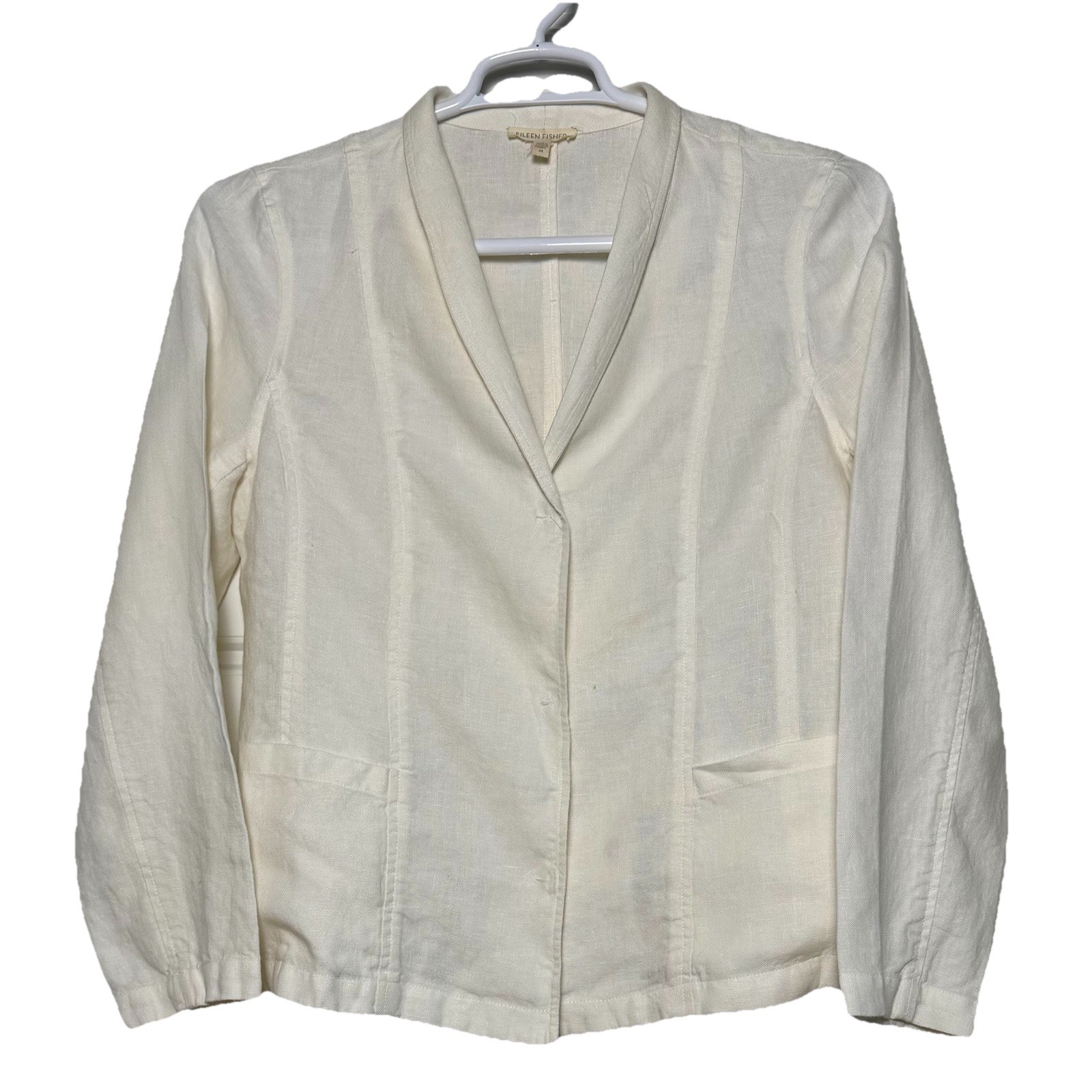 Eileen Fisher Size M Linen White Lagenlook Snap Front Blazer Jacket Pockets