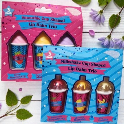 Süßer aromatisierter Lippenbalsam Trio 3er Pack Mini Trinkbecher Design Taschenbalsam
