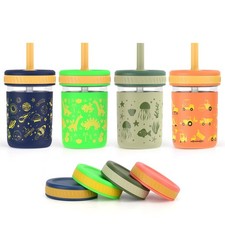 Sursip Toddler Glass Cups with Straw, Spill-Proof Kids Mason Jar Food Storage