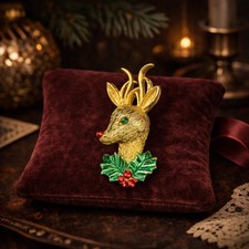Gerry s Vintage Reindeer Christmas Brooch Gold Tone Deer Pin with Holly Holiday