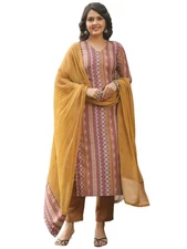 GoSriKi Women's Rayon Blend Straight Printed Kurta with Pant & Dupatta