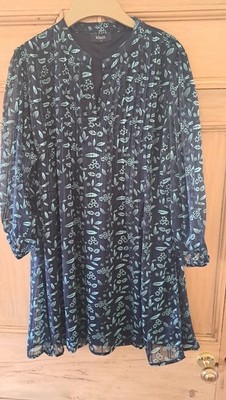 Klass green blue floaty flowery lined tunic dress silky stripe effect Sz 14 VGC