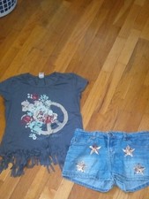 girl 14 DKNY sequin denim shorts and fringe accent tee
