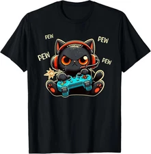Cute Gamer Cat Playing Video Game Pew Pew Anime Kitten Funny Gift Unisex T-Shirt