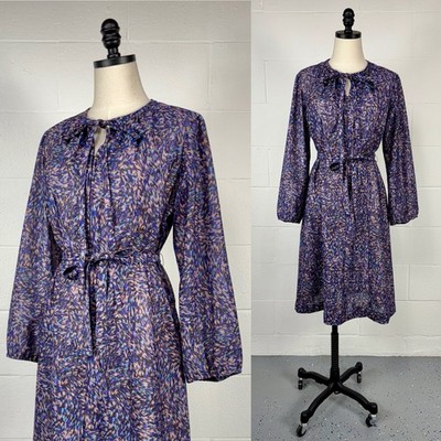 Vintage 70s Sheer Abstract Belted Blouson Shirt Dress Zip Up Keyhole Tie Neck L