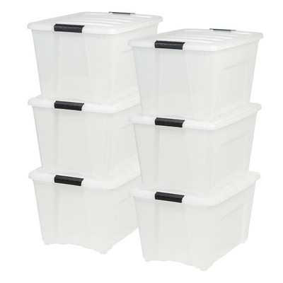 IRIS 53 Qt Stack & Pull Lidded Container Box Bin System, Pearl 6pk (Open Box)