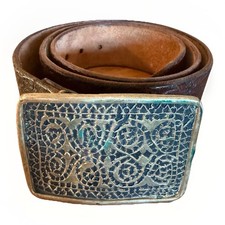 Brutalist Brass Buckle Full Grain Cowhide Leather Belt Vintage 1970s Handmade 40