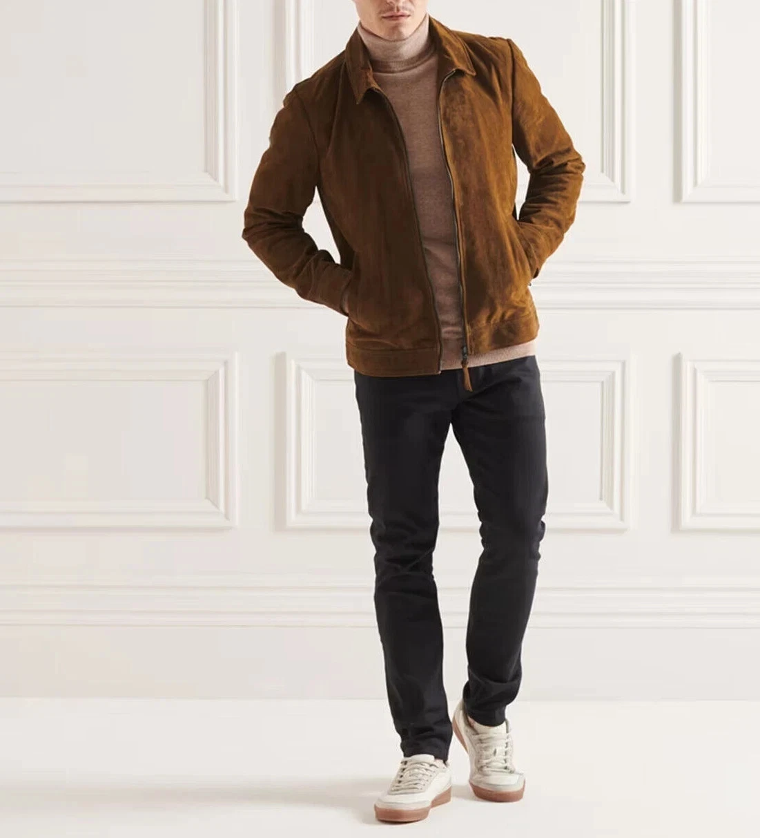 Men Brown Pure Suede Lambskin Leather Jacket Cafe Racer Biker Size S M L XL XXL