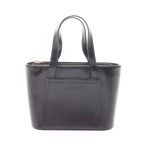 Loewe Black Leather Handbag Gold Zip Double Handles Auth