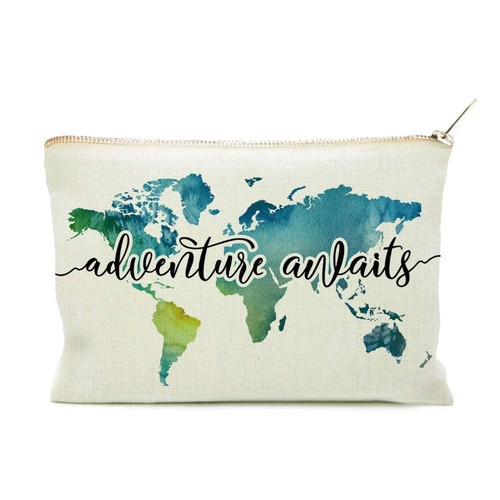 Travel Bag Adventure Awaits Makeup Case Cosmetic Nature Linen World Beige