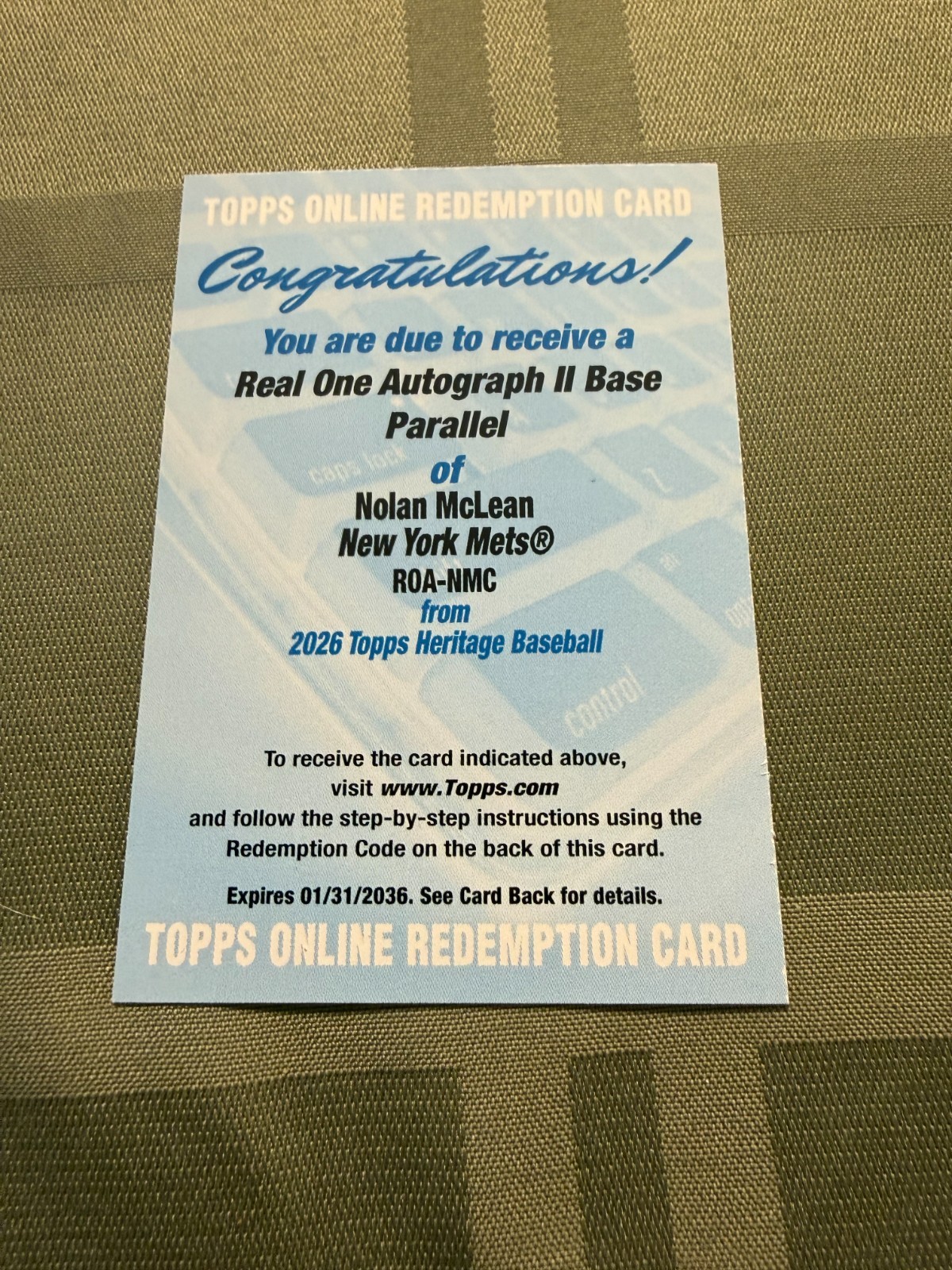 NOLAN MCLEAN 2026 Topps Heritage REAL ONE AUTO REDEMPTION #ROA-NMC Mets RC