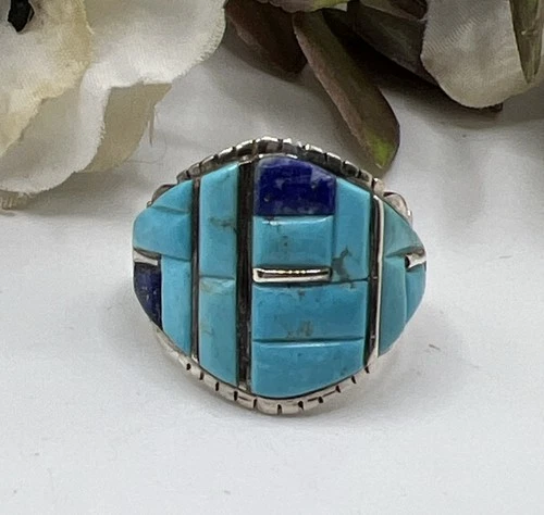 Vintage Sterling Silver Turquoise & Lapis Mosaic Ring Size 12