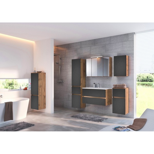 BadmöBel Set Wotaneiche Matt Grau Led-Spiegelschrank Hochschrank HäNgeschrank-image