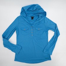 Marmot Shirt Womens Small Blue Hooded Hoodie Long Sleeve PUllover Roll Tab Butto