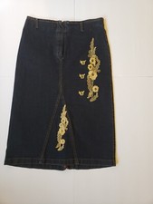 Vintage Y2K Boho Hippie Gypsy Embroidered Floral Stretch Denim Skirt Size XS