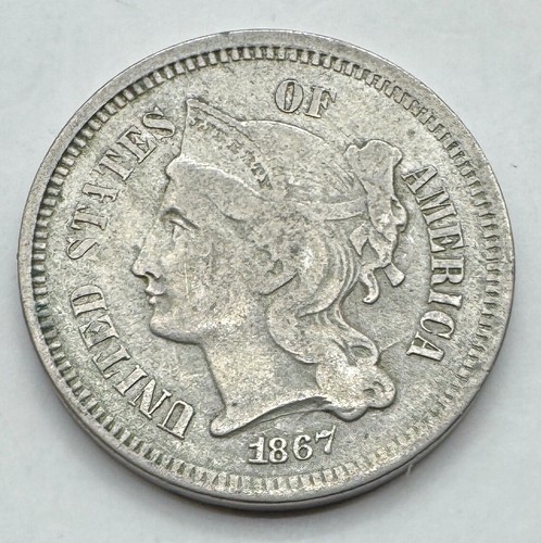 1867 US Three Cent Nickel Coin - 3C Piece - Civil War Date - No Reserve