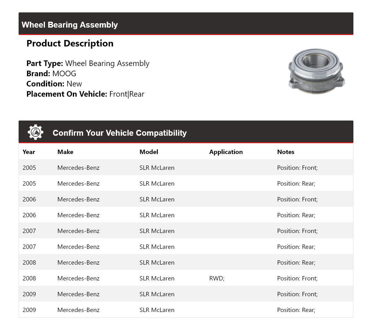 For 2005-2009 Mercedes-Benz SLR McLaren Wheel Bearing Assembly MOOG 2005 2006
