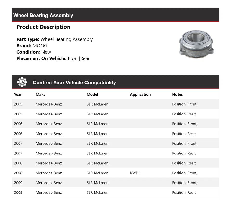 Conjunto de cojinete de rueda para Mercedes-Benz SLR McLaren 2005-2009 MOOG 2005 2006 Foto 2 de 4