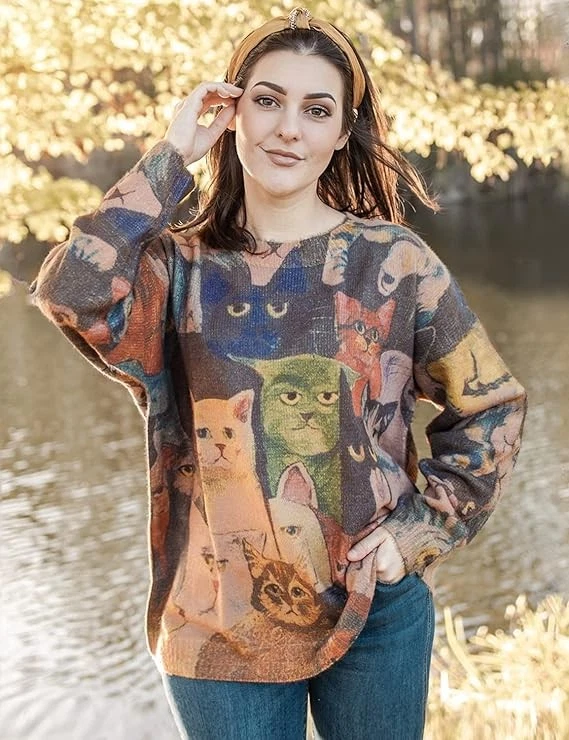  Mujeres Mezcla de Lana Suave Acogedor Gran Tamaño Lindo Gatos Estampado Gráfico Suéter S-3XL Foto 3 de 4