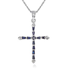 0.56ct Sapphire Cross Pendant Diamond Jewelry 18K White Gold Natural Gemstones 