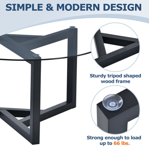 Black On-trend Round Glass Coffee Table Modern Tempered Glass Top Wood Base - Picture 6 of 12
