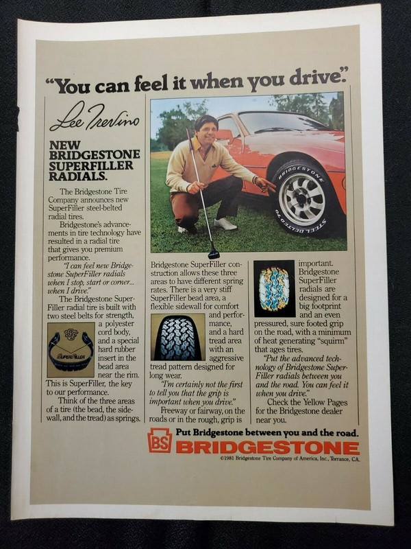 1980s old BRIDGESTONE tires Lee Trevino PGA Tour Pro golfer vintage magazine ad