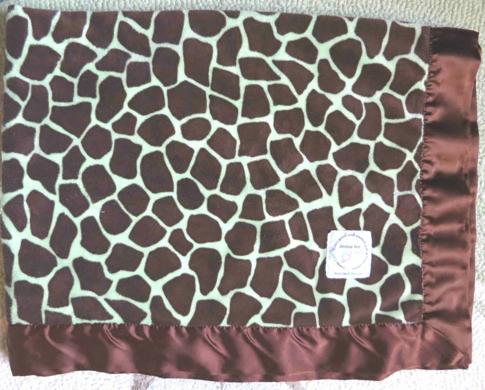 Jenna Lee Baby Brown Green Giraffe & Plush Striped w Satin Edge Boy Blanket EUC - Image 2 of 3