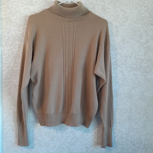 Forte Womens 100% Cashmere Sweater Turtleneck Long Sleeve Cableknit Tan Medium - Picture 2 of 5