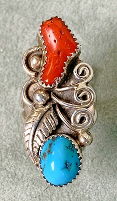 Vintage Ring by ''K'' Turquoise Coral Sterling Leaf Rain Drops Navajo size 7