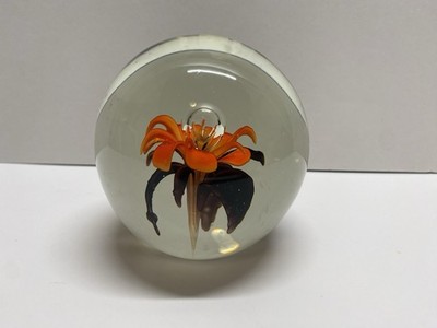 Vintage Art Glass Paperweight Black Orange Flower Controlled Bubble