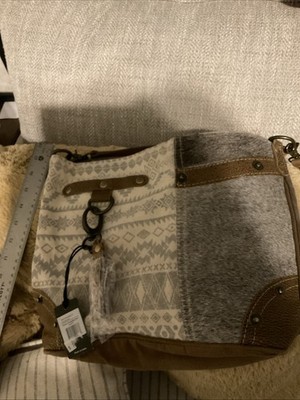 MYRA Bag Gray Tan Canvas Hair On Hide Leather Crossbody Western Bag