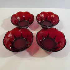 Vintage Anchor Hocking Set of 4 Four Royal Ruby Red Scallop Dessert Berry Bowls