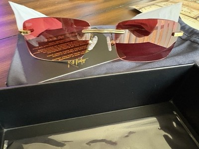 Red Prestige Rimless Sunglasses Red Gradient Lenses Gold Tone Accents