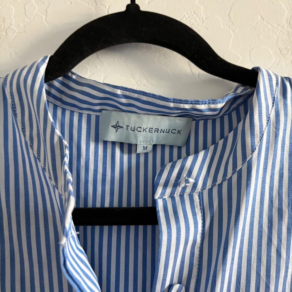 Vestido midi Tuckernuck azul blanco a rayas cuello mandarín en capas para mujer M Foto 4 de 4