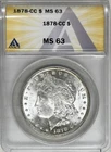1878 CC MORGAN SILVER DOLLAR ANACS MS63 BRIGHT WHITE COIN - GREAT EYE APPEAL
