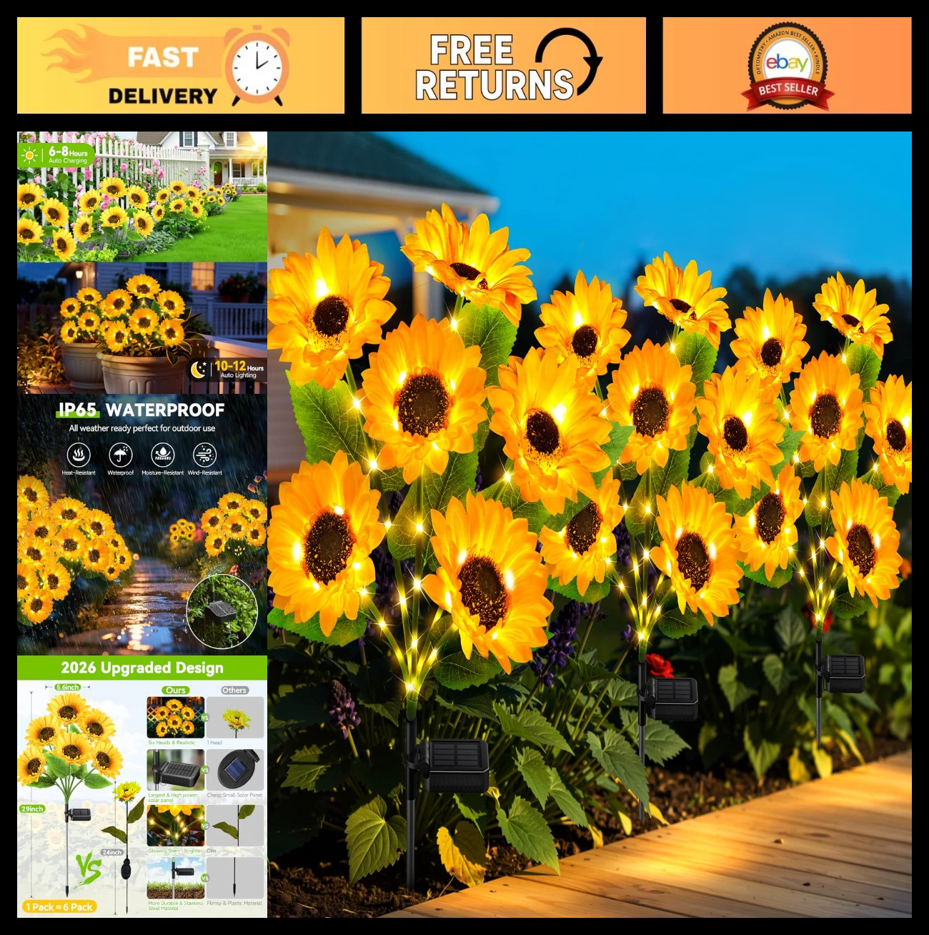 3 Pack Solar Sunflower Lights - Bright Waterproof Outdoor Garden Decor, Auto ON/