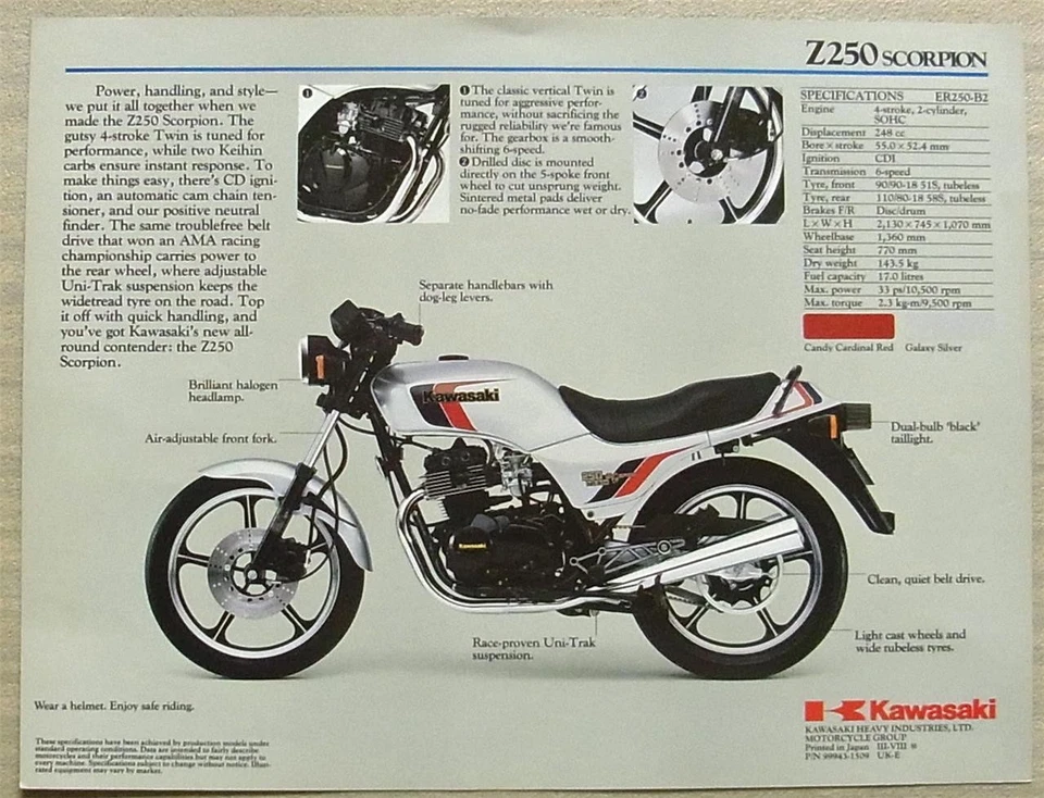 KAWASAKI Z250 SCORPION MOTORCYCLE Sales Specification Leaflet c1984 #99943-1509 - Image 2 of 2