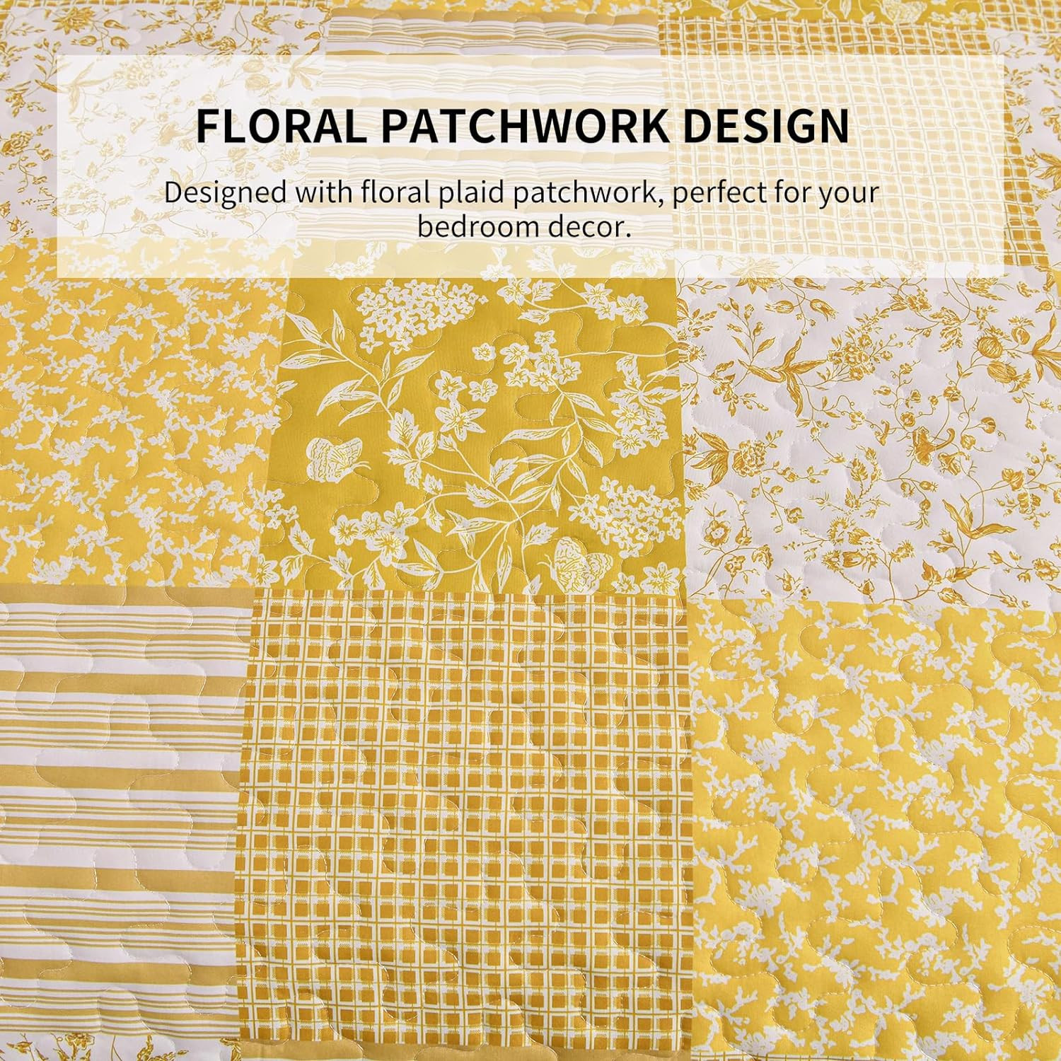 Yellow Boho Quilt Set King Size,3 Pieces Plaid Floral Bedspread Coverlet Set Sum