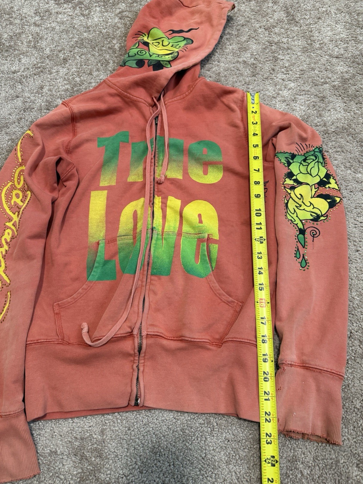 RARE Designer Vintage Ed Hardy Christian Orange Rasta Rhinestone Zip-up Hoodie image 3