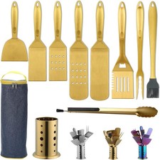 Image of BBQ Tools Set 10-Piece Stainless Steel Heat-Resistant Utensils with Holder -Gold