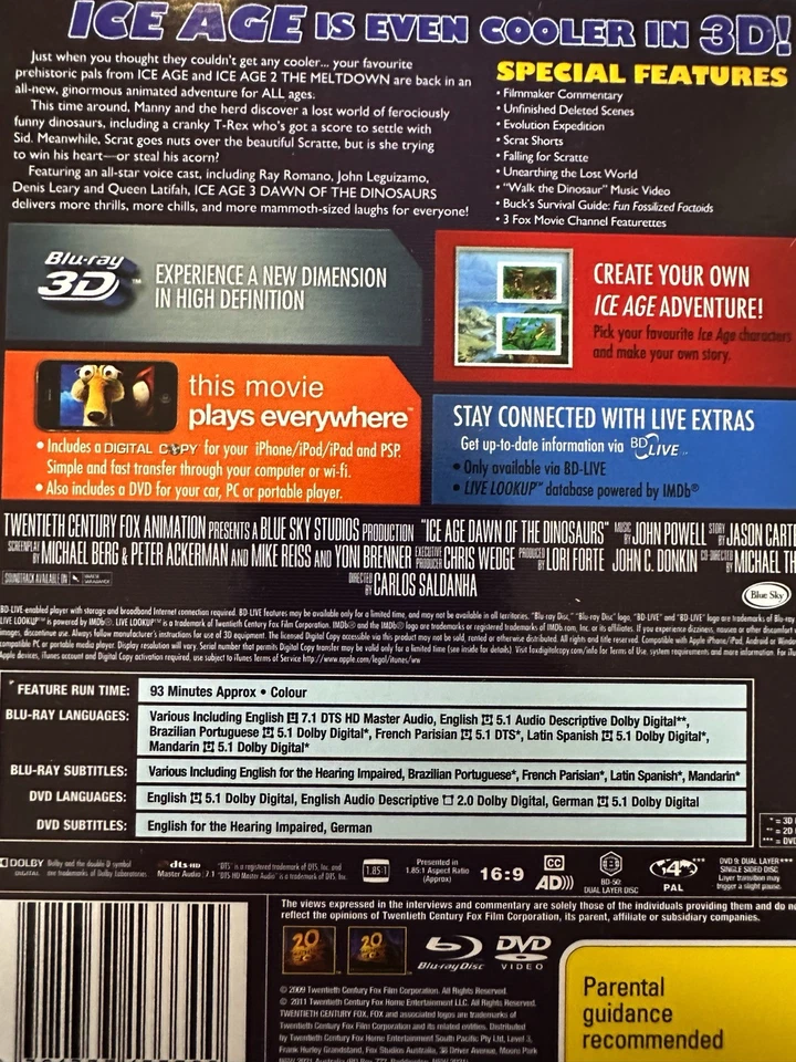 ICE AGE 3: Dawn Of The Dinosaurs (2009) - 3D & 2D BLURAY Slipcover AS NEW! - Image 2 of 2