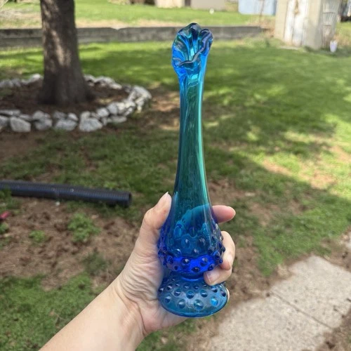 Vintage MCM Retro Blue Hobnail Fenton Swing Art Glass Vase 10”