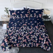 3PCS Soft Duvet Cover Set Queen Size Colorful Floral Bedding Set Bedroom Navy