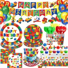 173 PCS Building Block Birthday Party Decorations - Plates, Napkins, Cups, Cutle