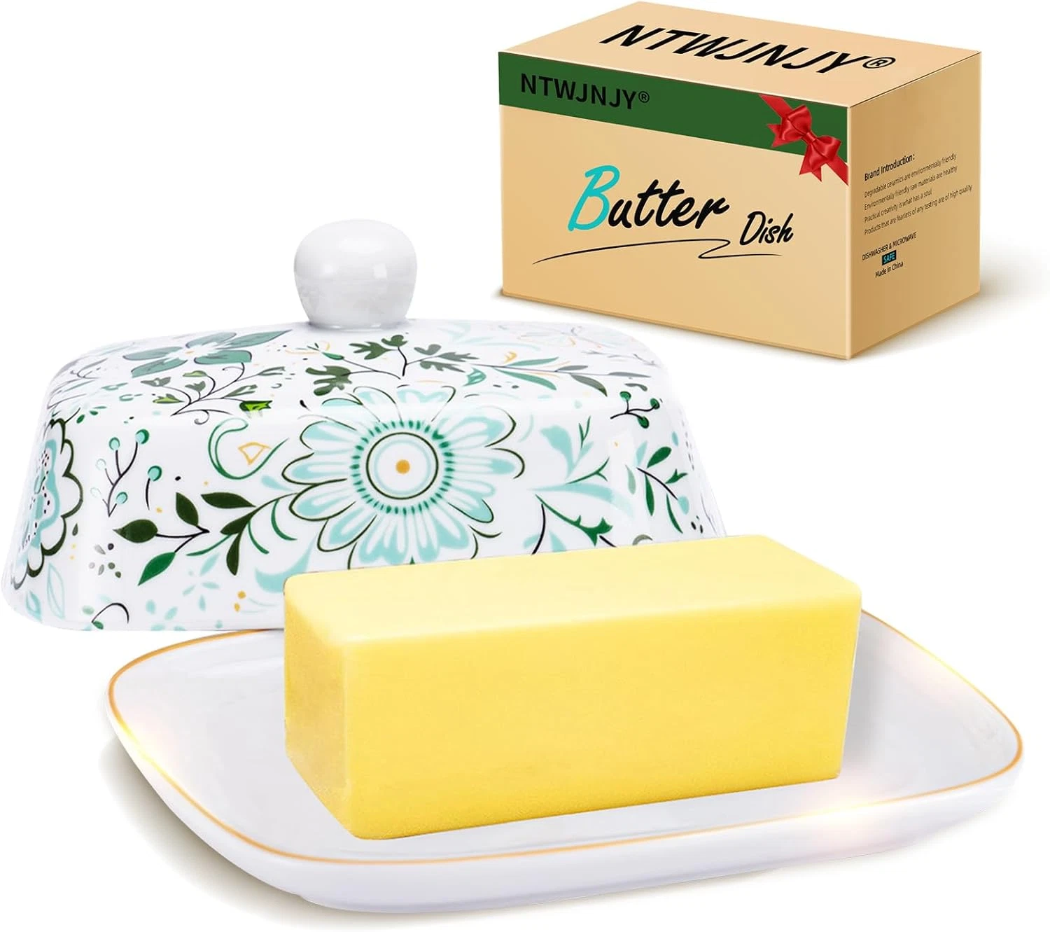 Butter Dish with Lid for Countertop-Ceramic Butter Dish with Knob Handle-Dishwas