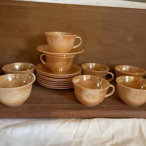 Vtg 1950s Fire King Laurel Leaf Peach Lusterware Cup and Saucer Set of 8