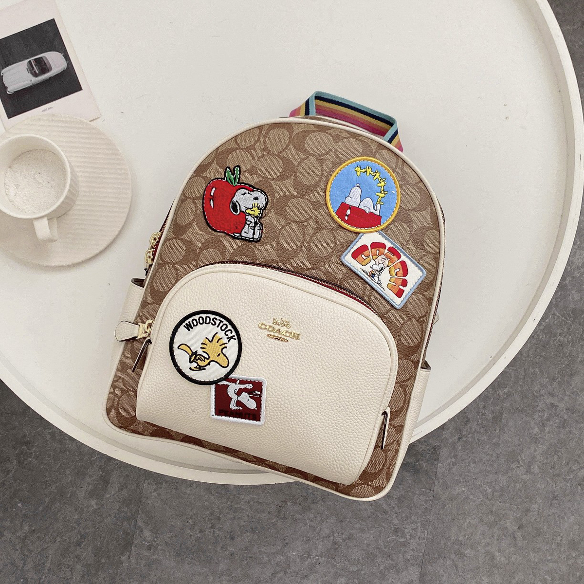 Coach x Snoopy Peanuts Backpack Signature Canvas Leather Patch Bag 